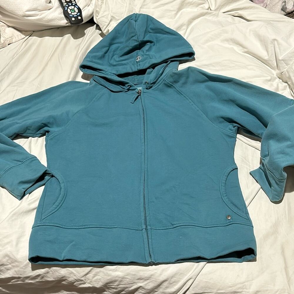 Champion L teal hooded heavy weight sweatshirt cotton polyester spandex euc